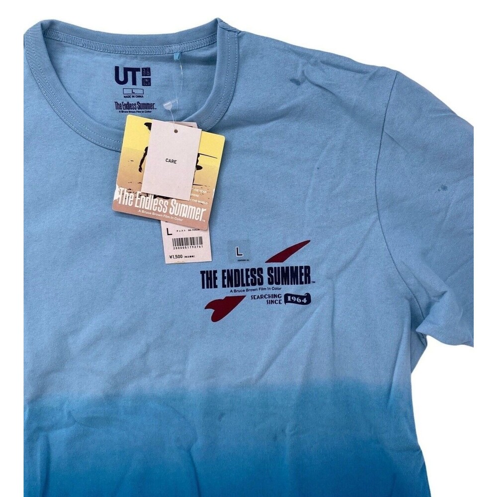 Uniqlo UT The Endless Summer T-Shirt Mens Large L Ombre Dip Dye Surf Tee Blue